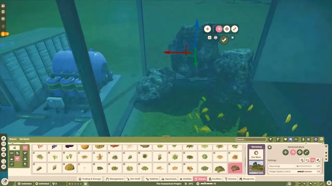 Planet Zoo 2 aquarium aquatic rock scenery being positioned inside the reef tank