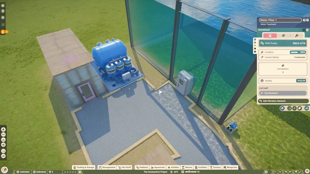 Planet Zoo 2 aquarium water filter panel showing Freshwater salinity and Edit Filtration Network
