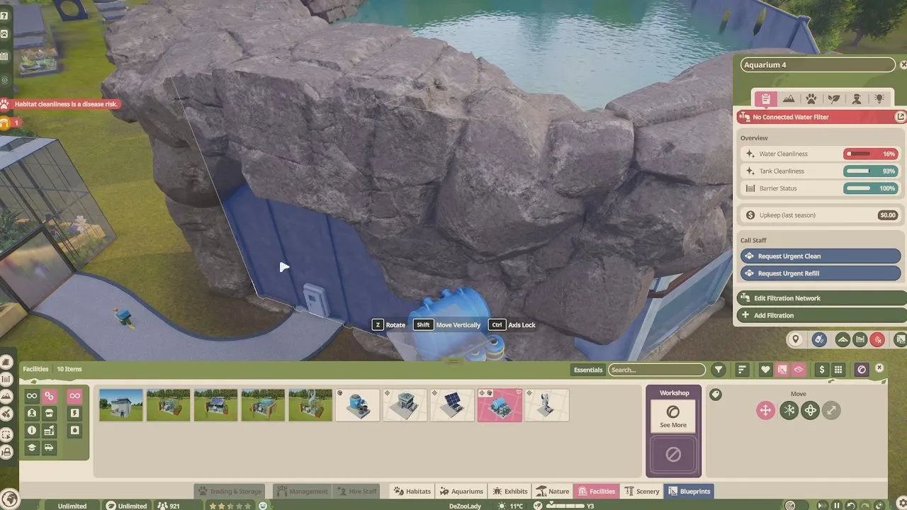 Planet Zoo 2 aquarium water filter placement beside the staff entrance