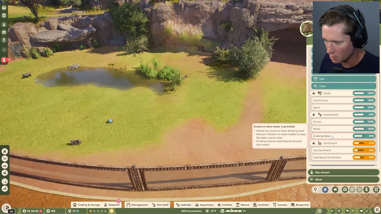 Planet Zoo 2 beginner tips animal Drinking Water rating and clean-water tooltip beside the habitat pond