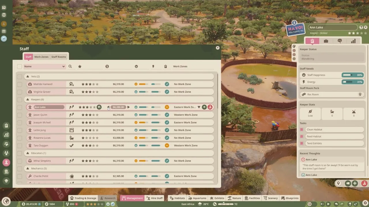Planet Zoo 2 beginner tips Staff management salary controls beside happiness energy and Work Zones