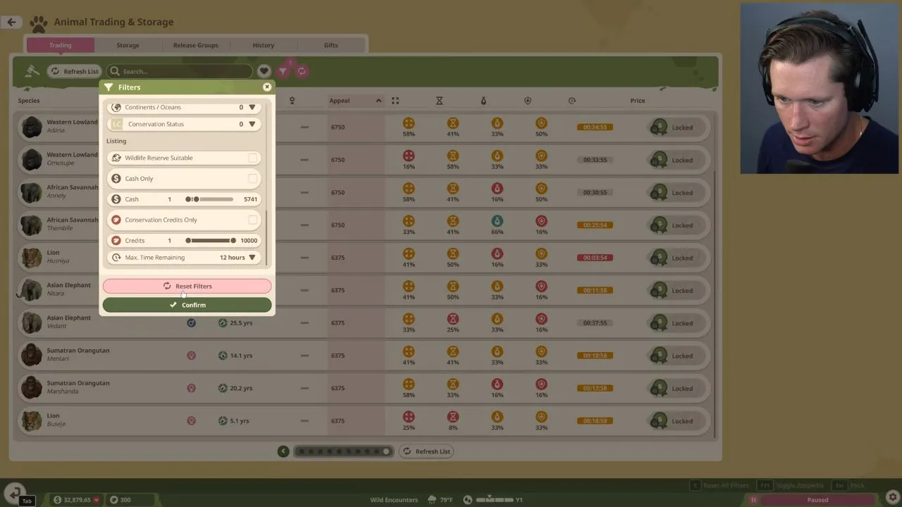 Planet Zoo 2 biomes and terrain, Animal Trading and Storage with the Filters panel open