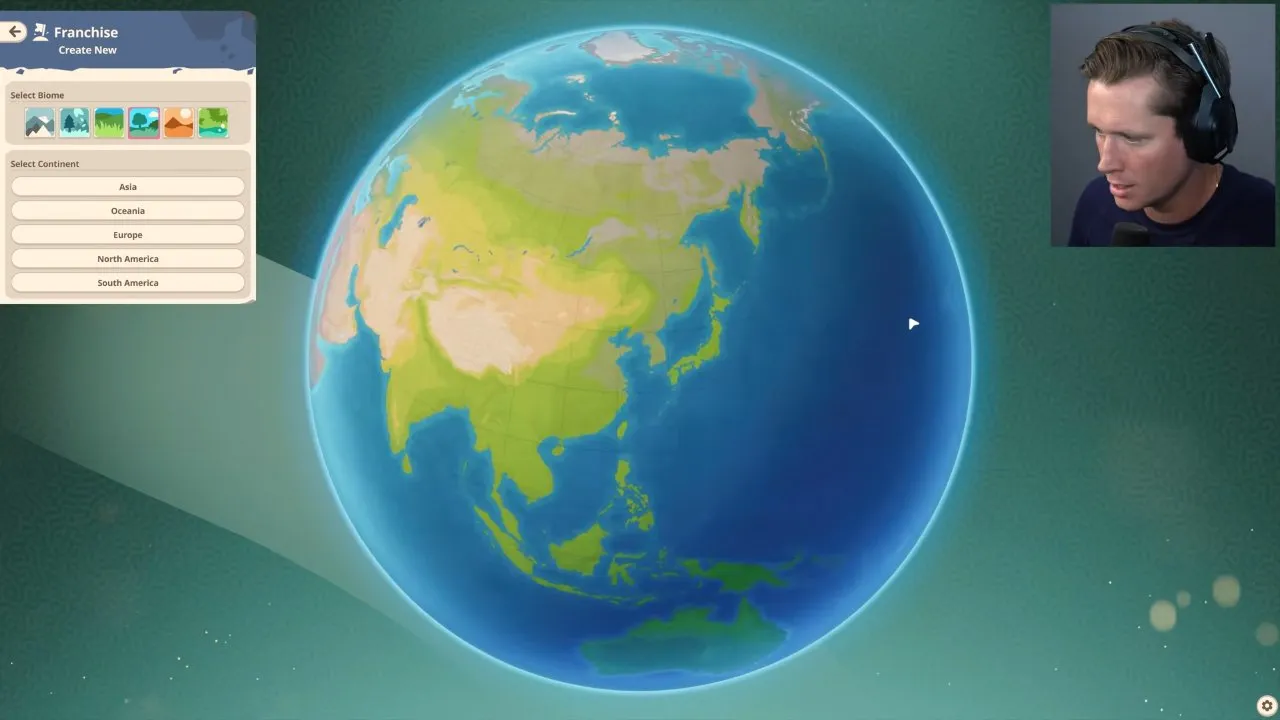 Planet Zoo 2 biomes and terrain, continent choices beneath Select Biome during new zoo selection