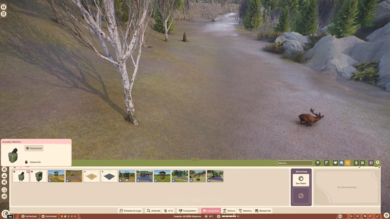 Planet Zoo 2 wildlife reserves Acoustic Monitor selected beside red deer in Sweden
