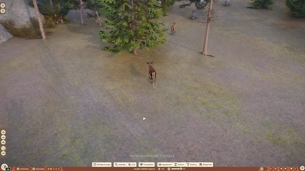 Planet Zoo 2 wildlife reserves red deer and trees considered for camera trap placement