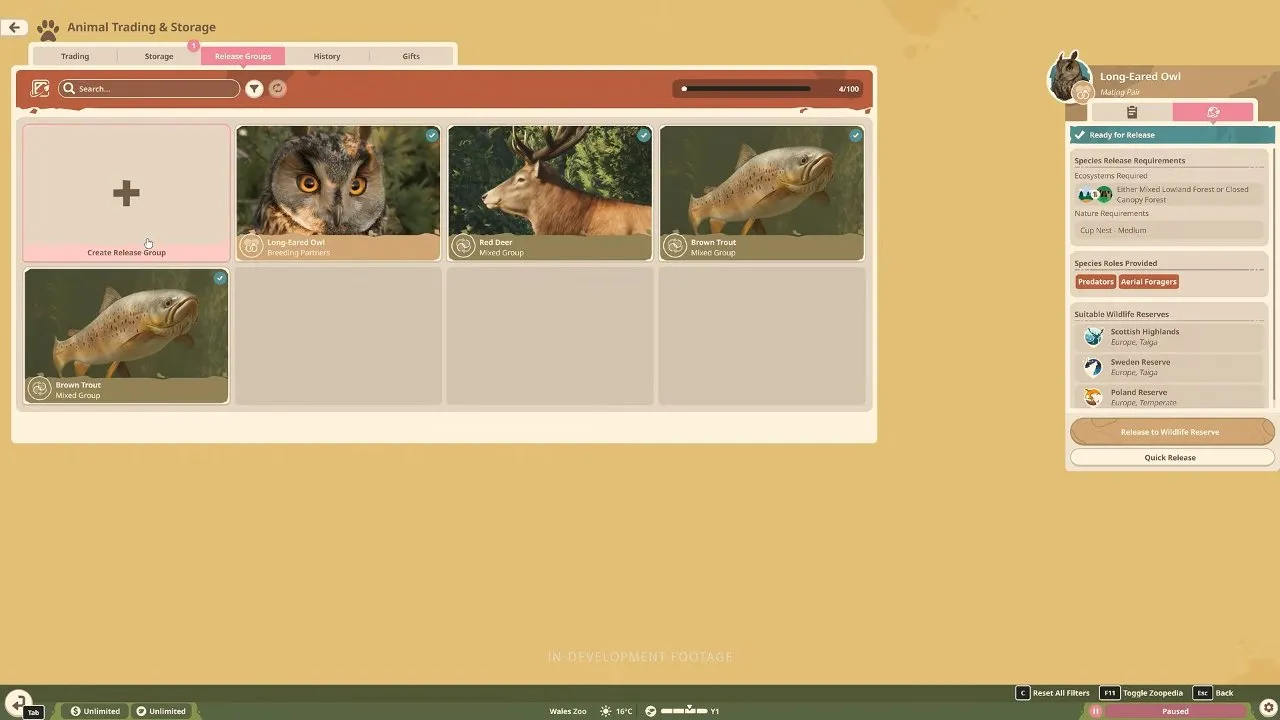 Planet Zoo 2 wildlife reserves release-group screen listing suitable European reserves