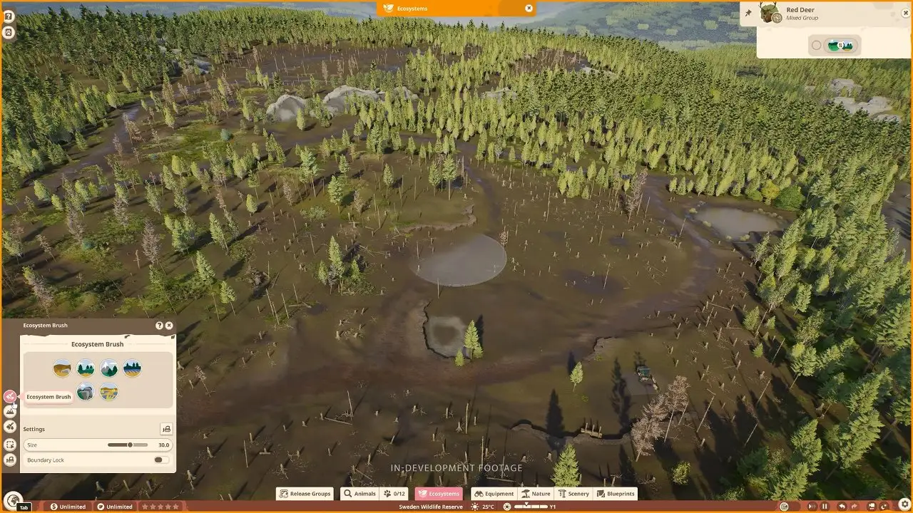 Planet Zoo 2 wildlife reserves Ecosystem Brush selection for red deer in Sweden