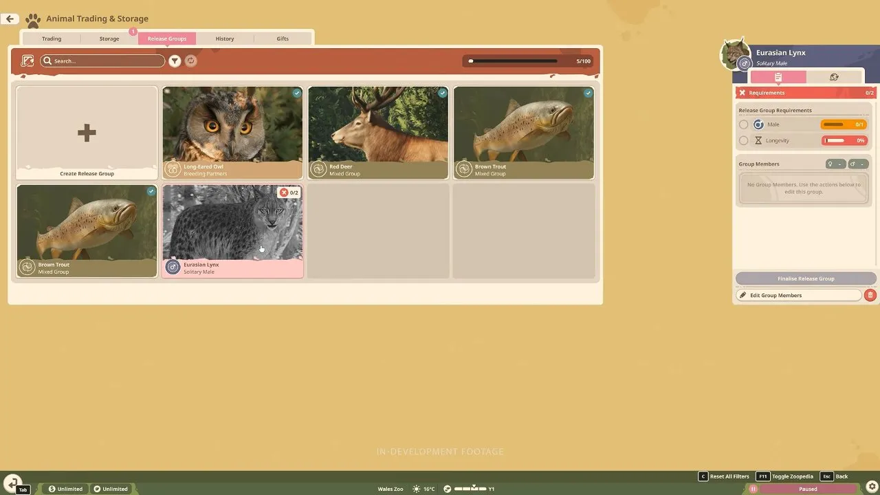 Planet Zoo 2 wildlife reserves empty Eurasian lynx group with Edit Group Members button