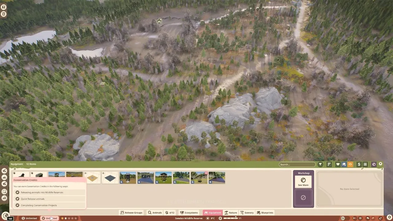 Planet Zoo 2 wildlife reserves equipment workspace during observation network setup in Sweden