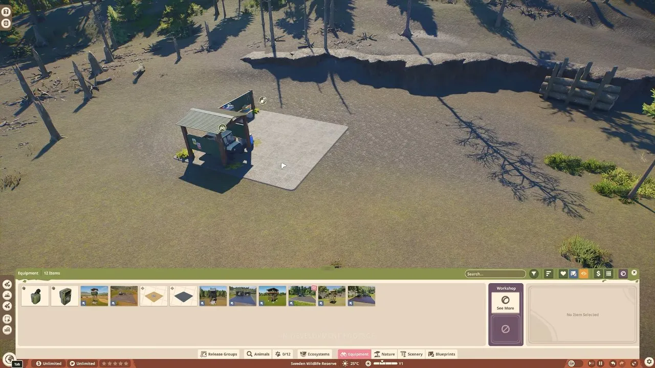 Planet Zoo 2 wildlife reserves Research Outpost placed on flat Swedish terrain