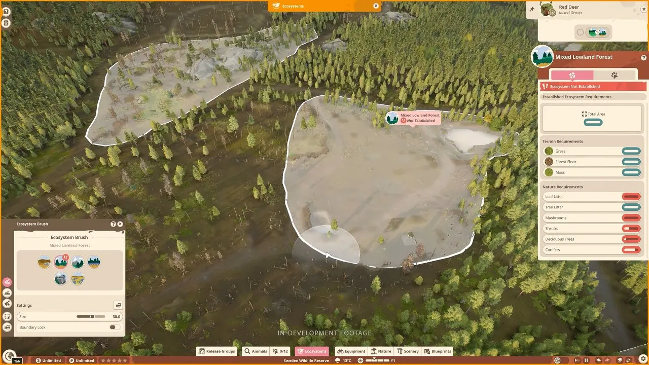 Planet Zoo 2 wildlife reserves separate Mixed Lowland Forest patches sharing total area